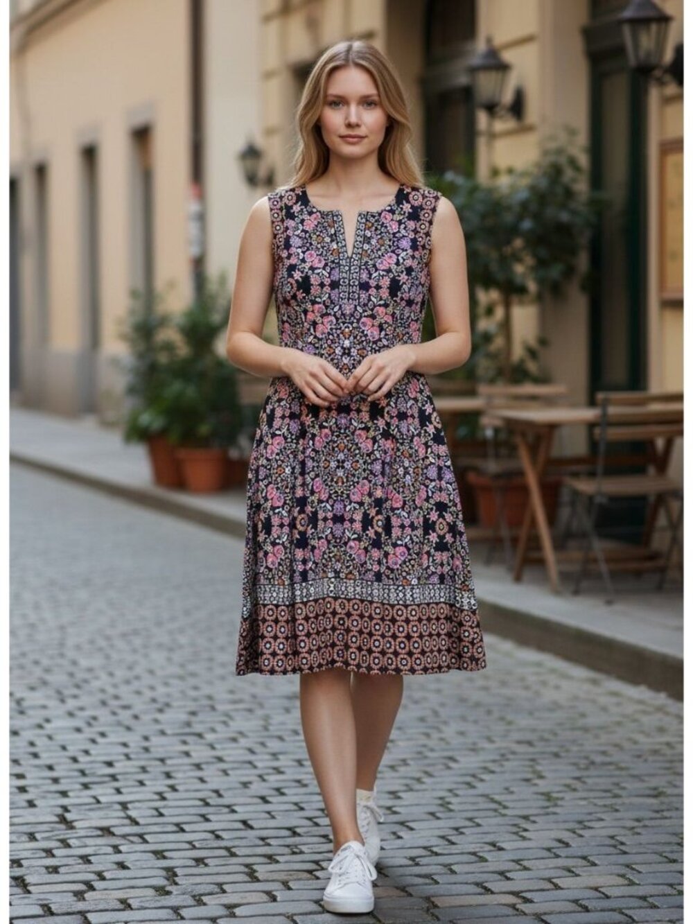 Floral Sleeveless A-Line Dress By Maggy L 10 Navy Multicolor Polyester Blend